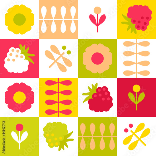 Summer pattern with flowers, raspberries and dragonflies in geometric style. Aesthetic print for paper, textile and fabric. Hand drawn vector background.