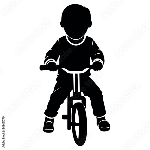 Little boy rides a bicycle vector  silhouette, front side view