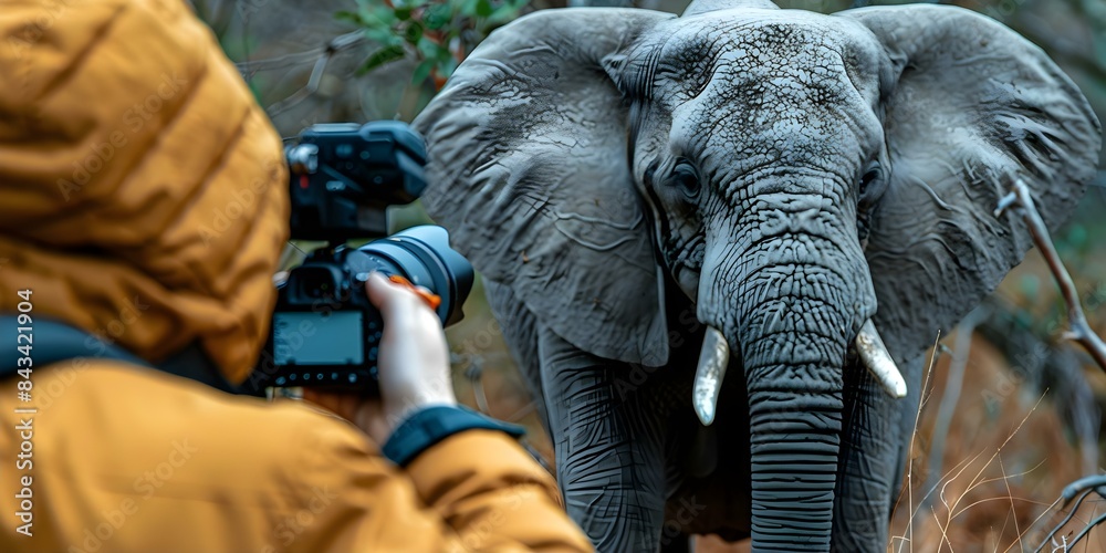 Closeup of photographer capturing wildlife with camera in sharp focus. Concept Wildlife Photography, Closeup Shots, Focused Composition Closeup of photographer capturing wildlife with camera in sharp focus. Concept Wildlife Photography, Closeup Shots, Focused Composition