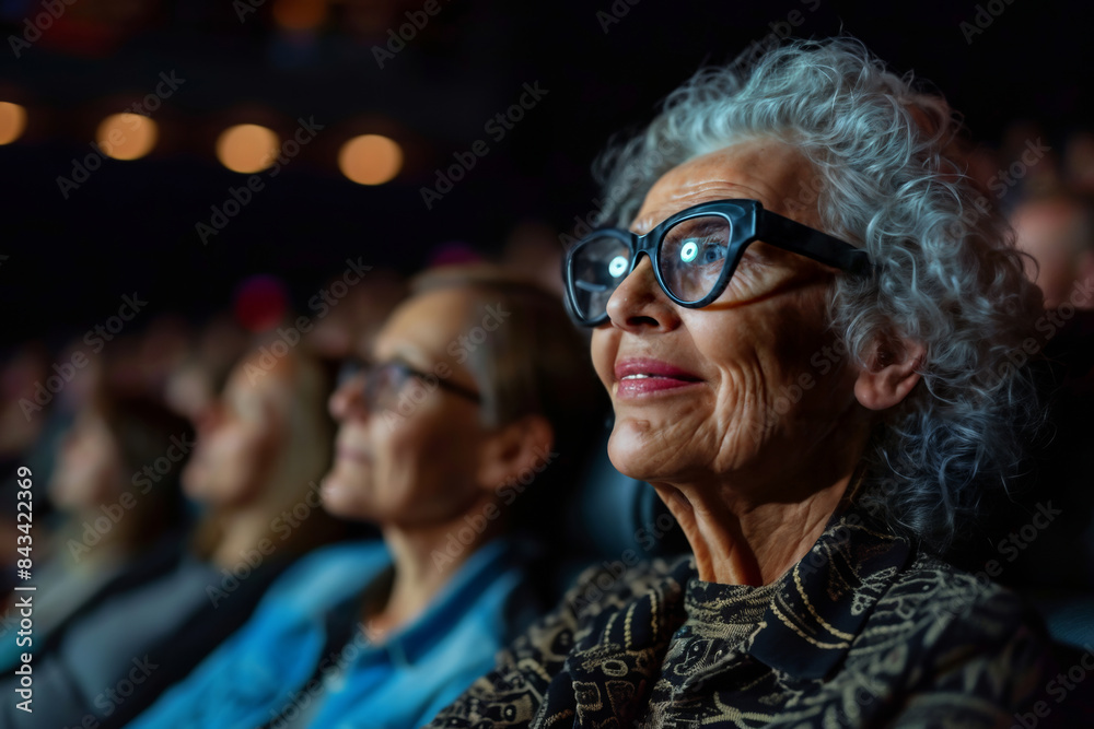 Senior Woman Enjoying a Movie in the Cinema Senior Woman Enjoying a Movie in the Cinema
