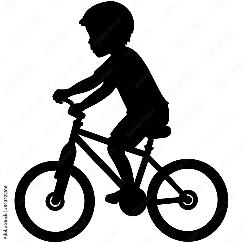 Fototapeta premium Little boy rides a bicycle vector silhouette, front side view