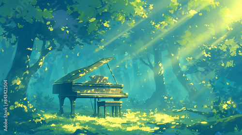 a view of the piano alone in the sunlit forest