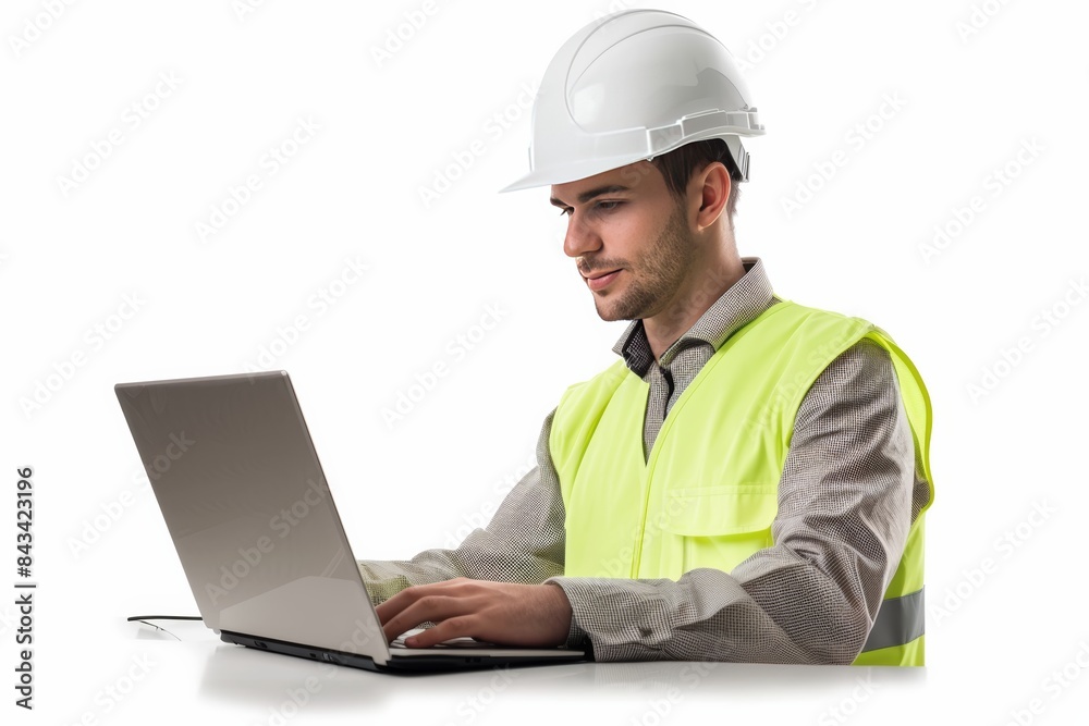 A radiant image of an alluring inspection engineer adorned in a gleaming white hardhat, confidently reviewing project timelines on a laptop. A radiant image of an alluring inspection engineer adorned in a gleaming white hardhat, confidently reviewing project timelines on a laptop.