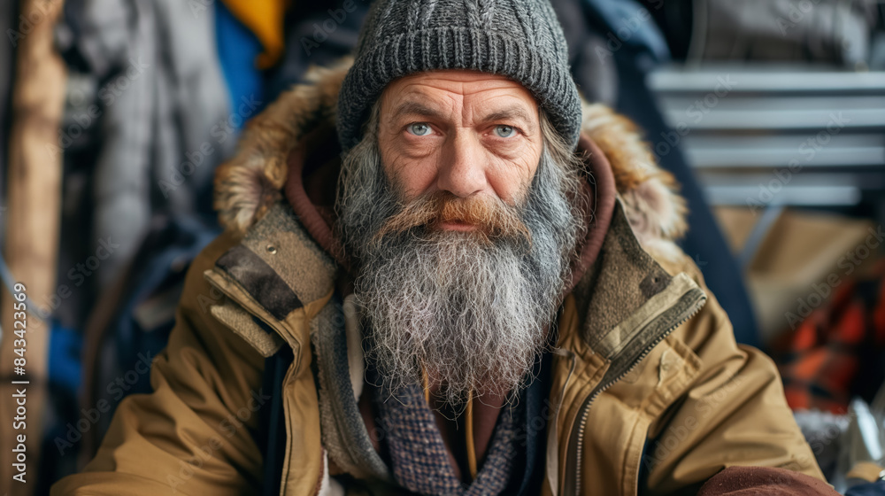Elderly man with a thick, grey beard and a knitted hat sits in warm winter clothing. His blue eyes are striking against the backdrop of various coats and jackets. Elderly man with a thick, grey beard and a knitted hat sits in warm winter clothing. His blue eyes are striking against the backdrop of various coats and jackets.