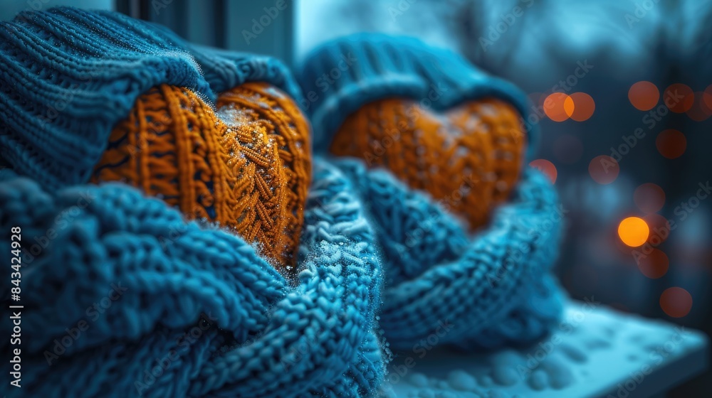 Knitted Hearts at the Cozy Evening Windowsill. Valentine Day Love Bokeh Romantic Card. Generative AI. Knitted Hearts at the Cozy Evening Windowsill. Valentine Day Love Bokeh Romantic Card. Generative AI.