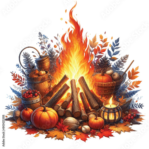 Watercolor Autumn Bonfire Clipart