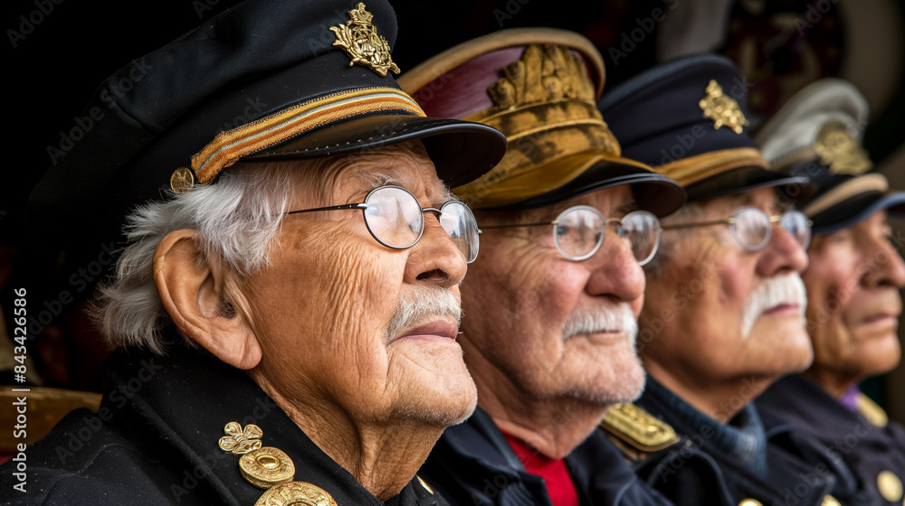 Group of elderly men wearing military uniforms and caps, seated side by side, gazing into the distance with a solemn and reflective expression. Group of elderly men wearing military uniforms and caps, seated side by side, gazing into the distance with a solemn and reflective expression.