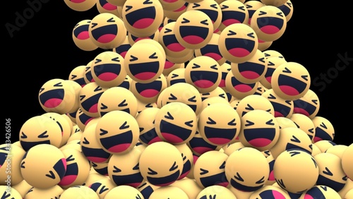 A Cascade of Laughter.
A digital illustration of numerous yellow laughing emoticons tumbling down against a black background. Displaying a wide open mouth, closed eyes, and a mischievous grin.