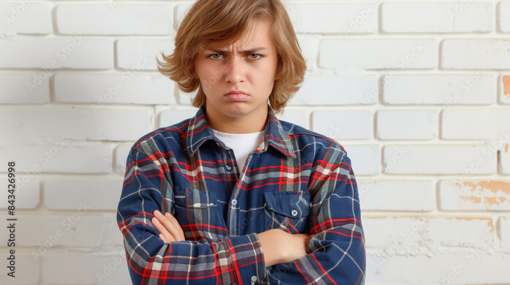Young boy with long hair and a plaid shirt stands with his arms crossed, looking sullen and defiant against a white brick wall. Young boy with long hair and a plaid shirt stands with his arms crossed, looking sullen and defiant against a white brick wall.