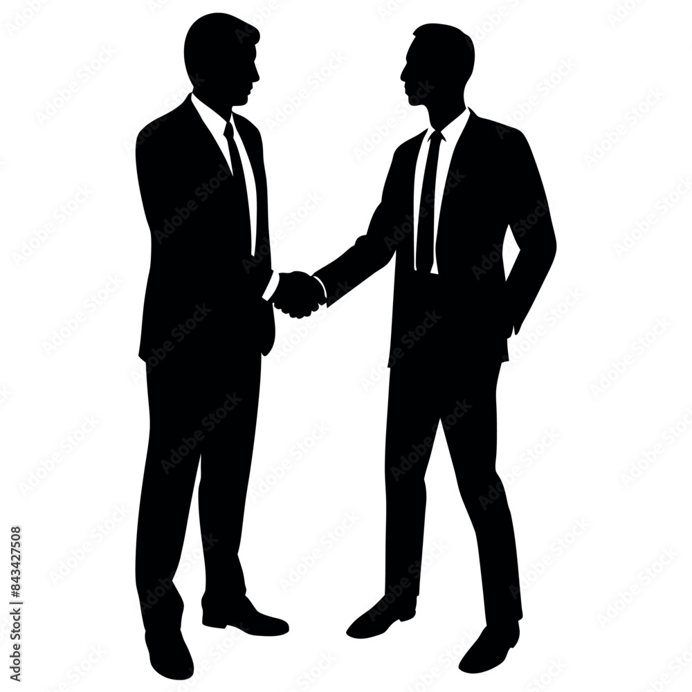 2 business man, standing with shoes, Hand shaking with their right hand, Vector silhouette white background