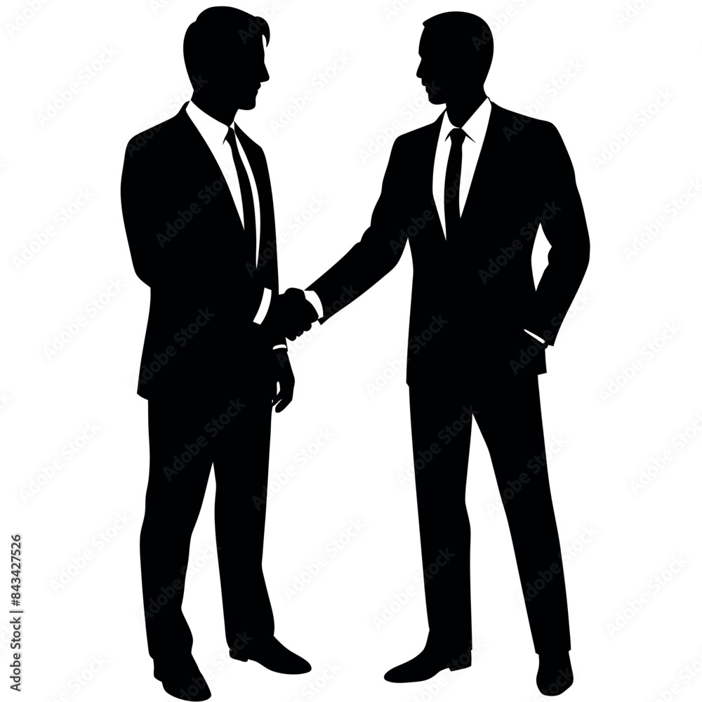 2 business man, standing with shoes, Hand shaking with their right hand, Vector silhouette white background 2 business man, standing with shoes, Hand shaking with their right hand, Vector silhouette white background