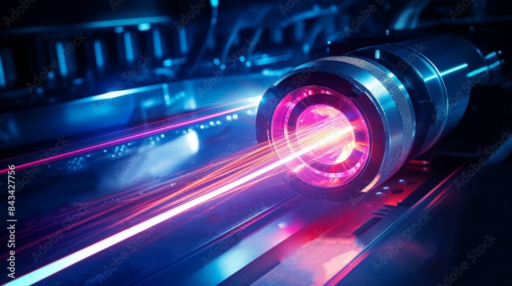 Futuristic technology concept with a laser beam emitting from a high-tech device in a modern, sci-fi themed laboratory setting. Futuristic technology concept with a laser beam emitting from a high-tech device in a modern, sci-fi themed laboratory setting.