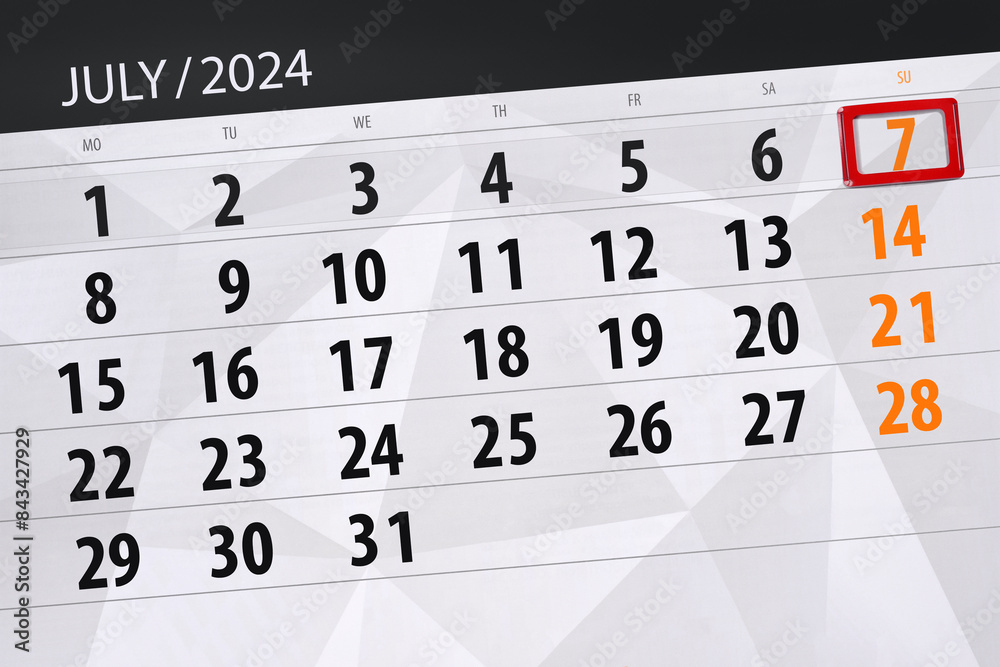 Obraz premium Calendar 2024, deadline, day, month, page, organizer, date, July, sunday, number 7