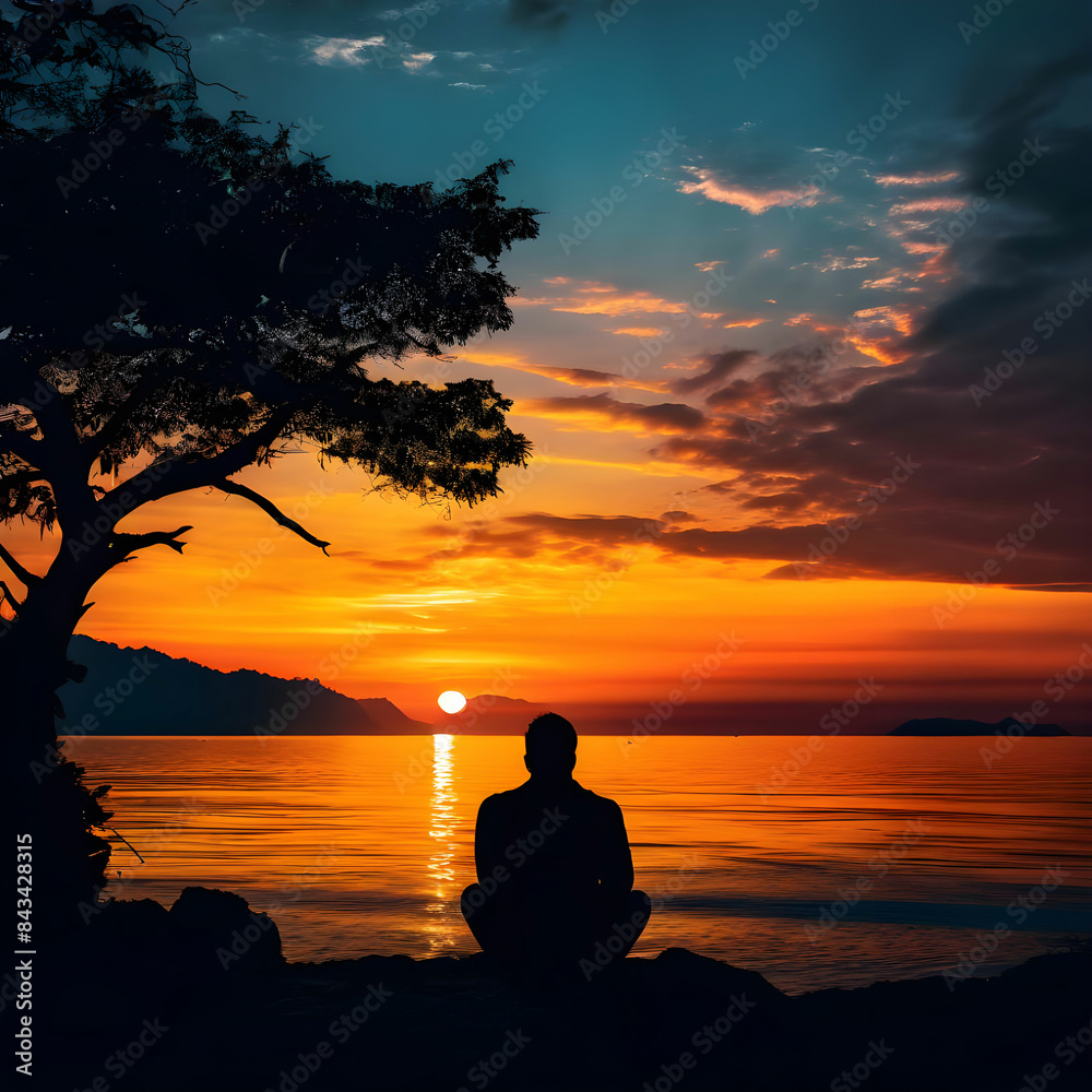 silhouette of a lonely person sitting by the sea enjoying the beautiful view of sunset silhouette of a lonely person sitting by the sea enjoying the beautiful view of sunset