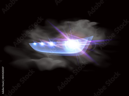 Realistic white glow of round beams of car headlights, isolated against a background of transparent gloom. Vector bright train lights for your design
