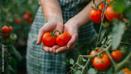 Closeup of ripe red tomatoes harvested by hands of female farmer in greenhouse photo