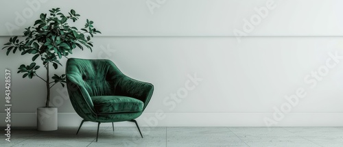 Living room style minimal with green armchair on empty white wall background