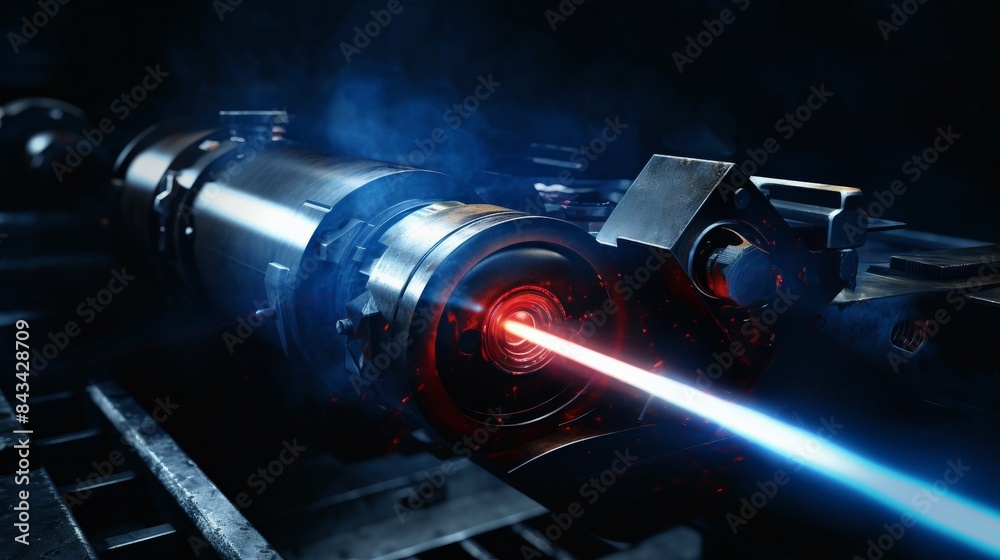 Fototapeta premium High-tech laser machine in operation emitting bright blue light used in advanced manufacturing and scientific research.