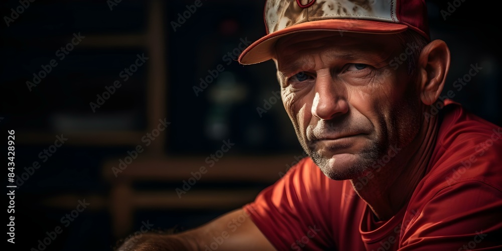 Veteran baseball player embodies team spirit and wisdom from ten years. Concept Sports, Baseball, Team Spirit, Wisdom, Experience Veteran baseball player embodies team spirit and wisdom from ten years. Concept Sports, Baseball, Team Spirit, Wisdom, Experience