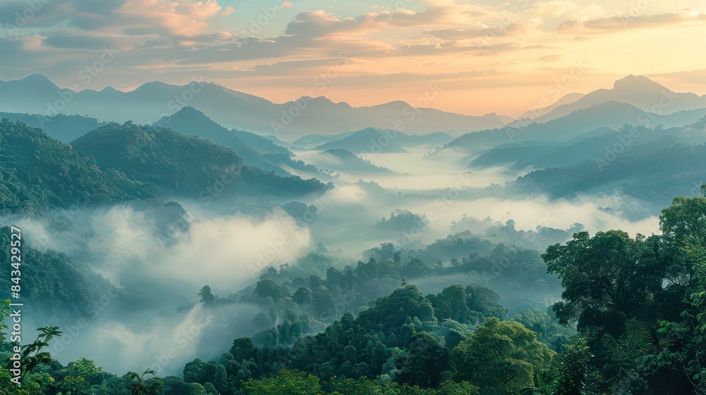 Obraz premium Misty Hills at Dawn: Serene Mountain Landscape with Fog