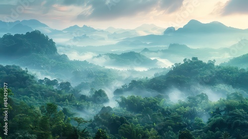 Misty Hills at Dawn: Serene Mountain Landscape with Fog