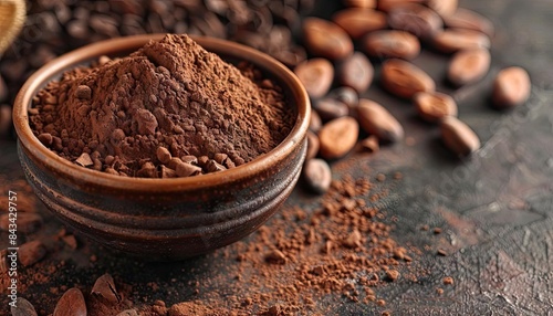 Close-up of cocoa powder in a brown bowl with scattered cocoa beans on a dark textured background