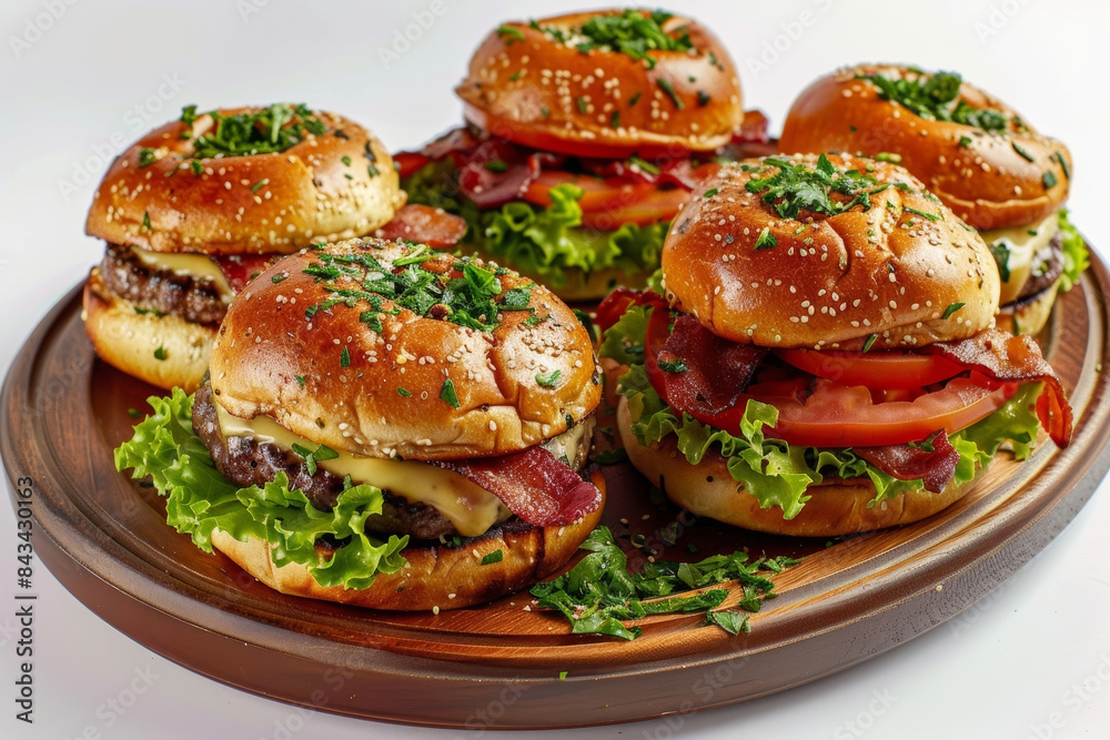 Flavorful Bacon Cheeseburgers with Melted Cheese and Crispy Bacon on Wooden Board Flavorful Bacon Cheeseburgers with Melted Cheese and Crispy Bacon on Wooden Board