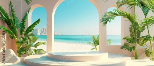 An array of products are displayed on a podium at the beach. Rendering of a summer scene with a podium at the beach.