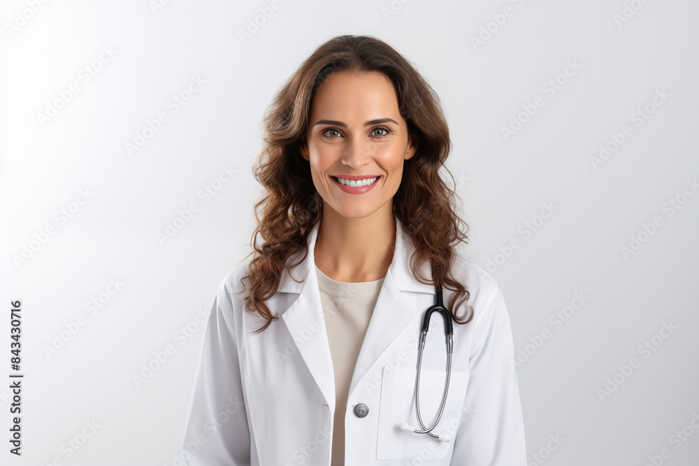 Smiling white woman doctor on white background. Woman doctor. World of Medicine. Personal care profession. Medical studies. European doctor. French. America. Images for graphic designers. AI. Smiling white woman doctor on white background. Woman doctor. World of Medicine. Personal care profession. Medical studies. European doctor. French. America. Images for graphic designers. AI.