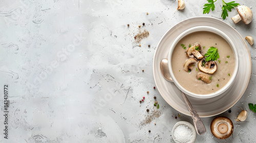 Delicious mushroom cream soup with herbs and spices. Copy space. Restaurant menu. Vegan food. Dietary menu. Top view. Flat lat. Champignons cream soup with ingredient on light table. Recipe