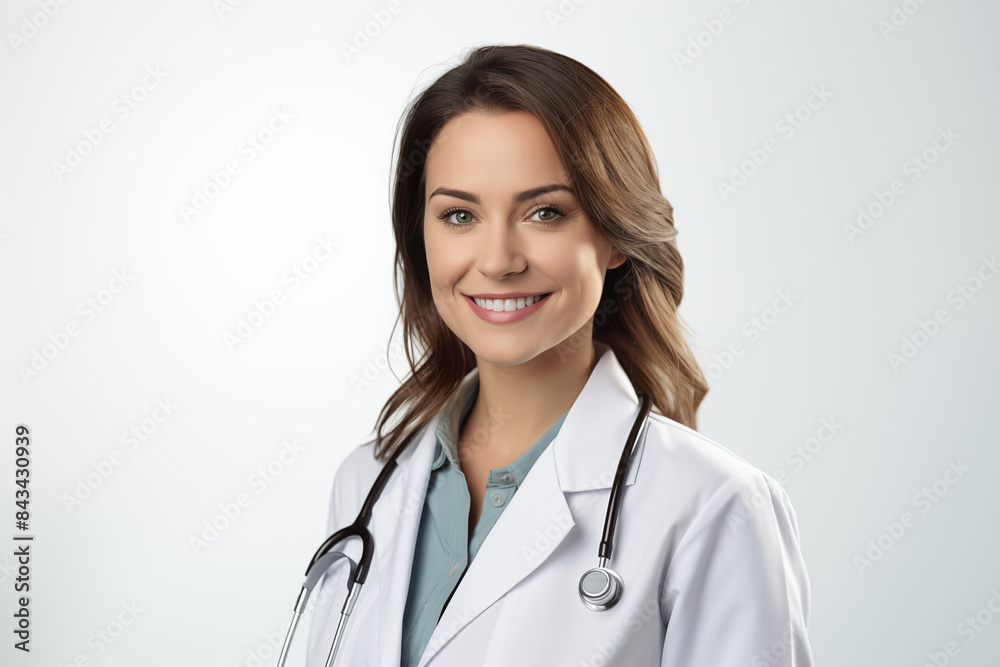 Smiling white woman doctor on white background. Woman doctor. World of Medicine. Personal care profession. Medical studies. European doctor. French. America. Images for graphic designers. AI. Smiling white woman doctor on white background. Woman doctor. World of Medicine. Personal care profession. Medical studies. European doctor. French. America. Images for graphic designers. AI.