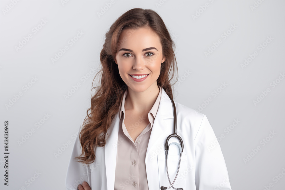 Smiling white woman doctor on white background. Woman doctor. World of Medicine. Personal care profession. Medical studies. European doctor. French. America. Images for graphic designers. AI. Smiling white woman doctor on white background. Woman doctor. World of Medicine. Personal care profession. Medical studies. European doctor. French. America. Images for graphic designers. AI.