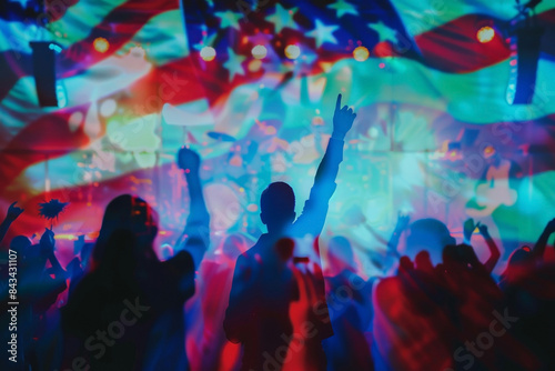 Silhouetted crowd enjoying a concert with vibrant lights and an American flag backdrop, creating a patriotic atmosphere. © MP-AI