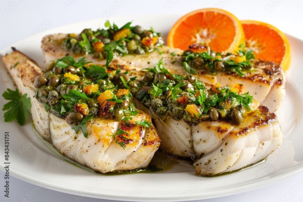 Exquisite Baked Swordfish with Tapenade and Orange Presentation