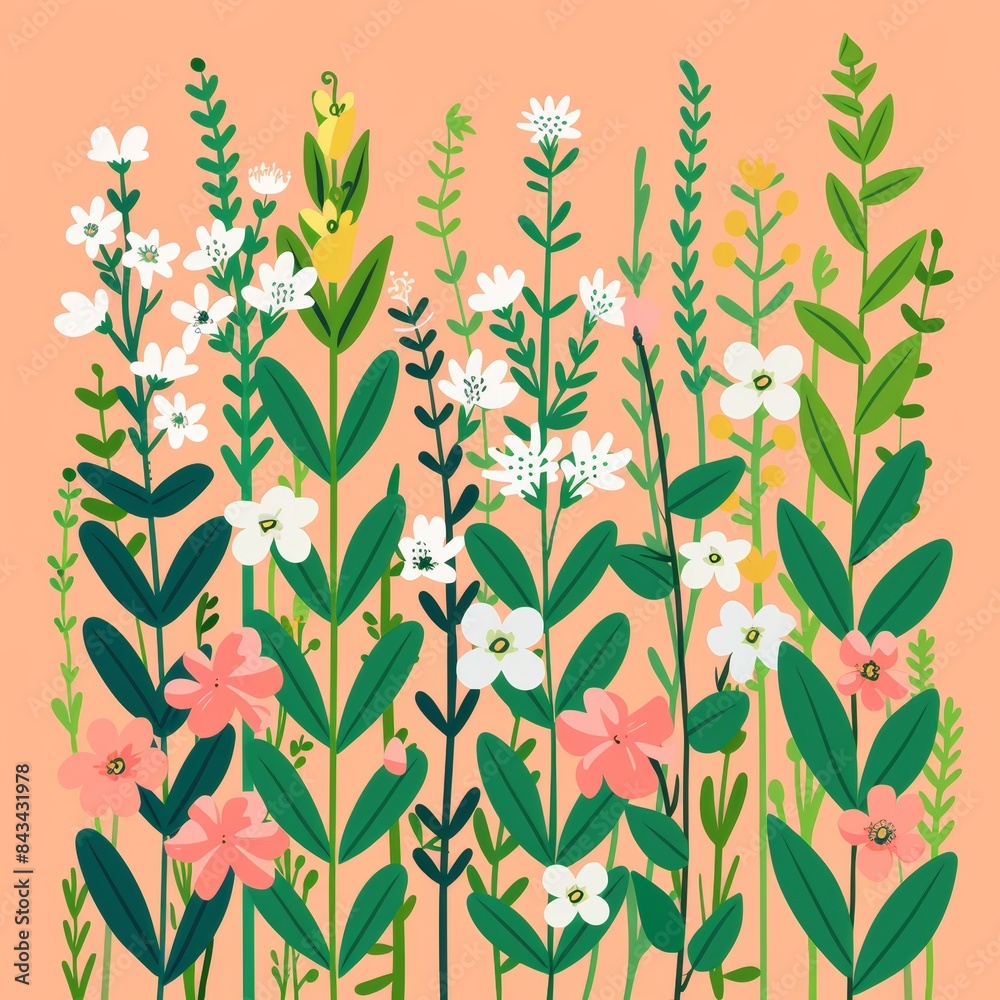 Illustration of small flowers with green leaves on a peach background, featuring white, pink, and yellow blooms Illustration of small flowers with green leaves on a peach background, featuring white, pink, and yellow blooms