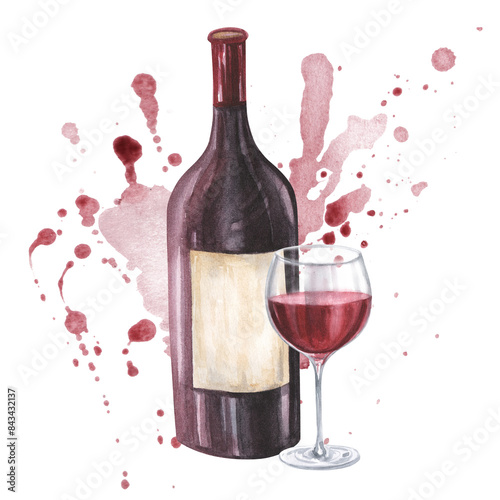 Bottle and glass of red wine with splashes watercolor illustration. Hand drawn isolated on white background. For restaurant, cafe, design, menu.