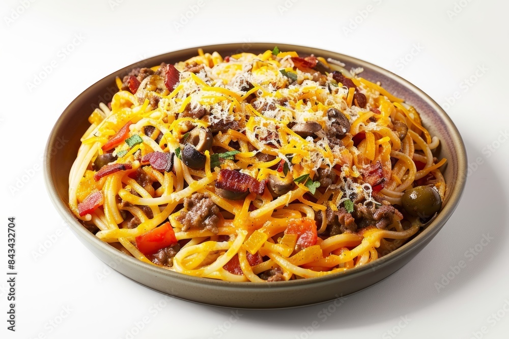 Elegant Baked Spaghetti Dish with Vibrant Colors and Melted Cheddar Elegant Baked Spaghetti Dish with Vibrant Colors and Melted Cheddar