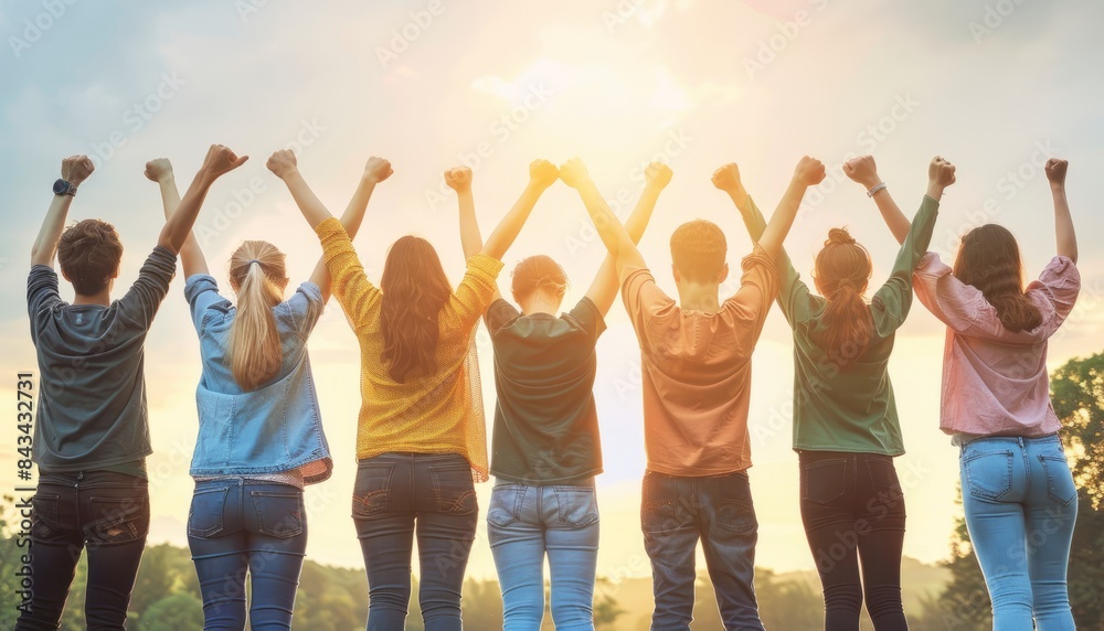Sunset Cheers: Group of Happy Friends Embracing the Evening Sky
