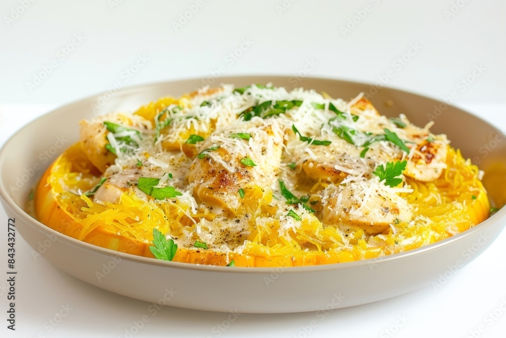Hearty Baked Spaghetti Squash and Chicken with Creamy Sauce and Herbs Hearty Baked Spaghetti Squash and Chicken with Creamy Sauce and Herbs