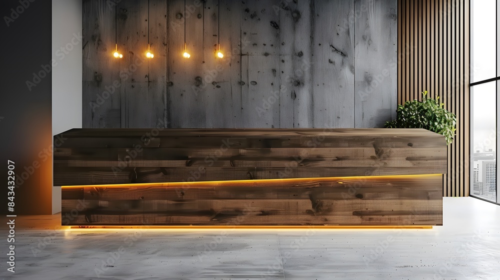An office reception area with a modern wooden desk against a concrete ...