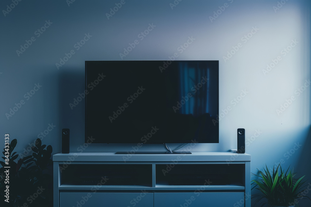 A flat-screen television with speakers sits on a white cabinet in a blue room A flat-screen television with speakers sits on a white cabinet in a blue room