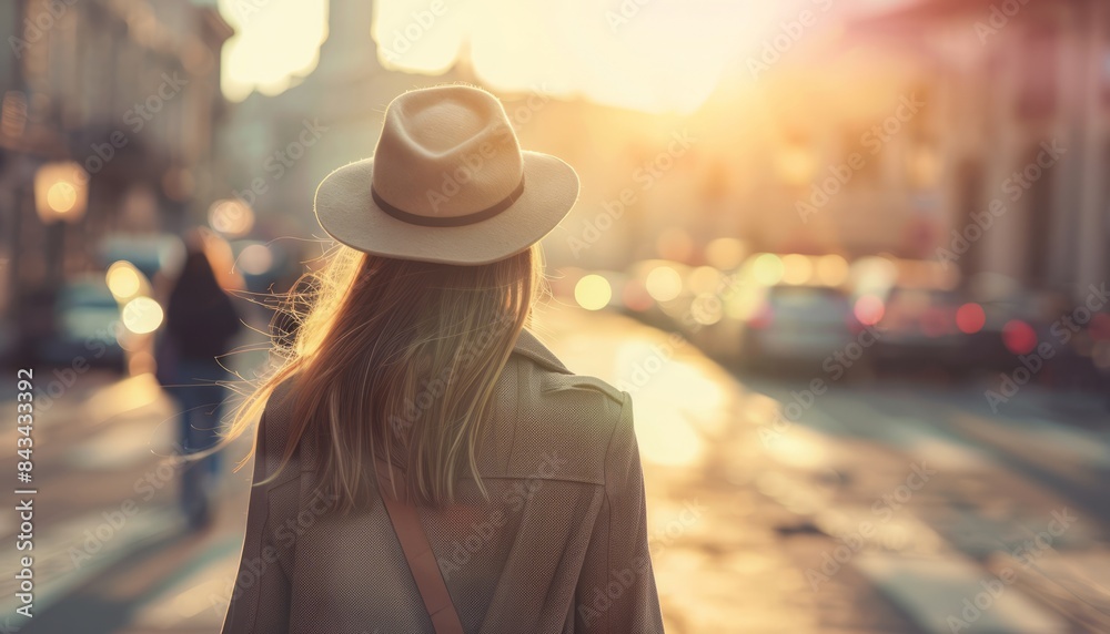 Strolling Towards Sunset: A Stylish Young Woman Ventures to the City Beach for an Evening of Blissfu Strolling Towards Sunset: A Stylish Young Woman Ventures to the City Beach for an Evening of Blissfu