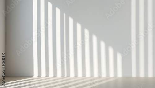 A photo of vertical striped shadows on a white wall  with soft shadow focus  in a minimalistic style  with a neutral color palette  featuring a clean and simple design at high resolution. 