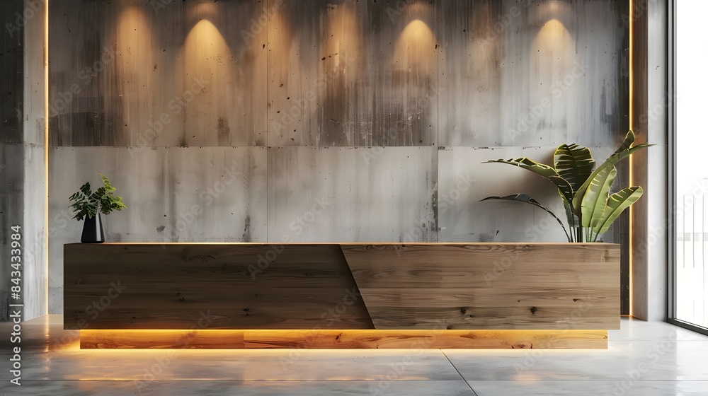An office reception area with a modern wooden desk against a concrete ...