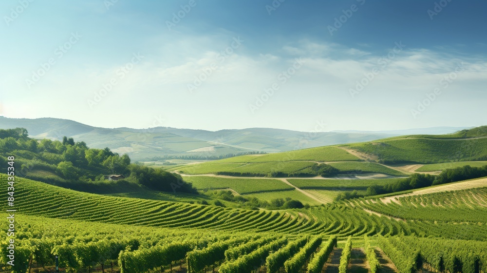 Scenic vineyard landscape with rolling hills and lush greenery under a clear blue sky on a sunny day. Scenic vineyard landscape with rolling hills and lush greenery under a clear blue sky on a sunny day.