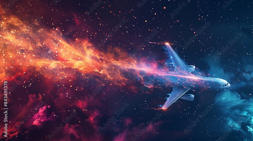 Airplane: Design an image of an airplane flying through the sky. It leaves a spectacular trail of smoke and colorful particles. inspired by dynamic style Airplane: Design an image of an airplane flying through the sky. It leaves a spectacular trail of smoke and colorful particles. inspired by dynamic style