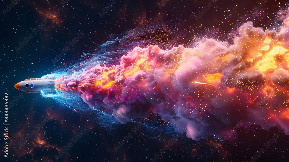 Fototapeta premium Rocket: Visualize a rocket hurtling through space with vibrant, colorful energy lines and particles. similar to bomb style