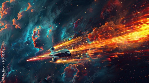 jet that soars at high speed It leaves a stunning trail of bright colors and dynamic particles. In stunning explosive form.