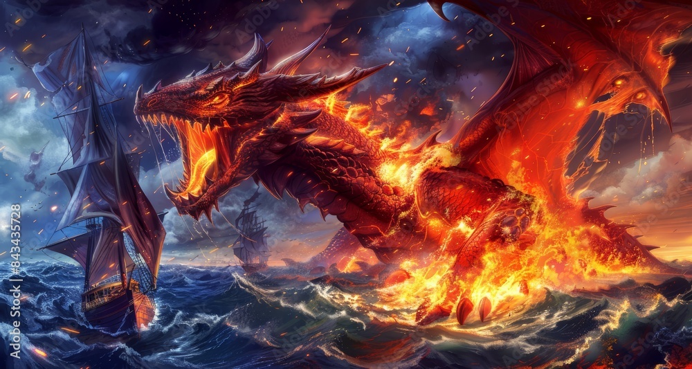 Fototapeta premium A fiery red dragon attacks ships on a stormy sea