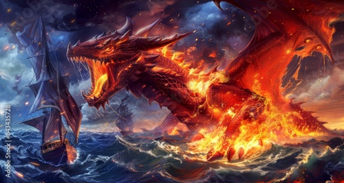 A fiery red dragon attacks ships on a stormy sea photo